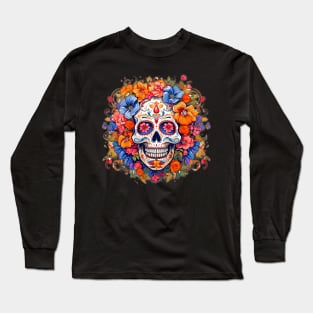 Day of the Dead Dia de Los Muertos Sugar Skull Blue Flowers Long Sleeve T-Shirt